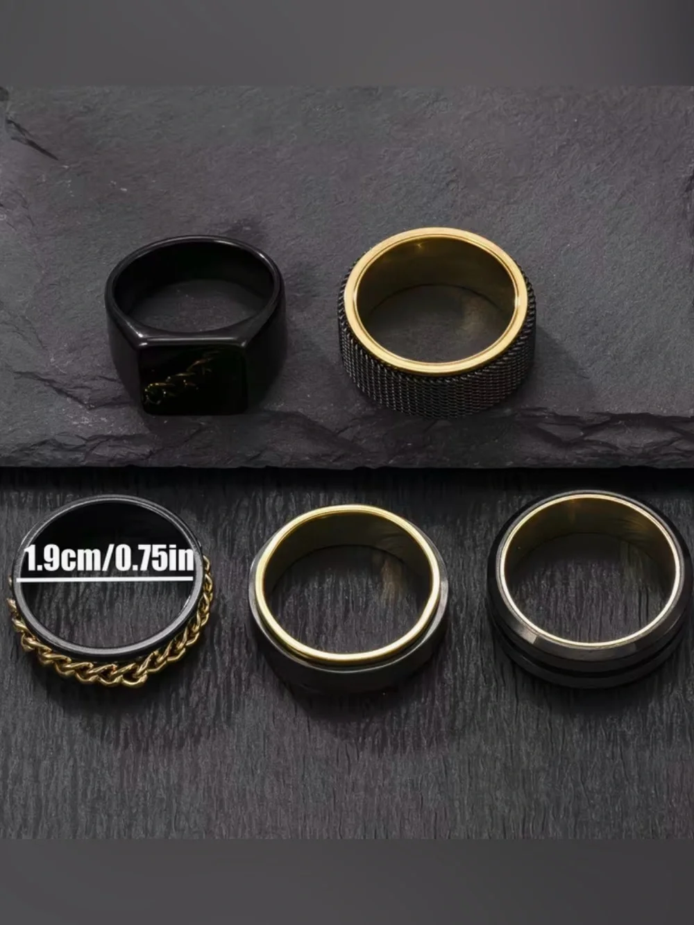 18K Gold Plated & Black Men's Stainless Steel Ring Modern Wedding Band Sz 9
